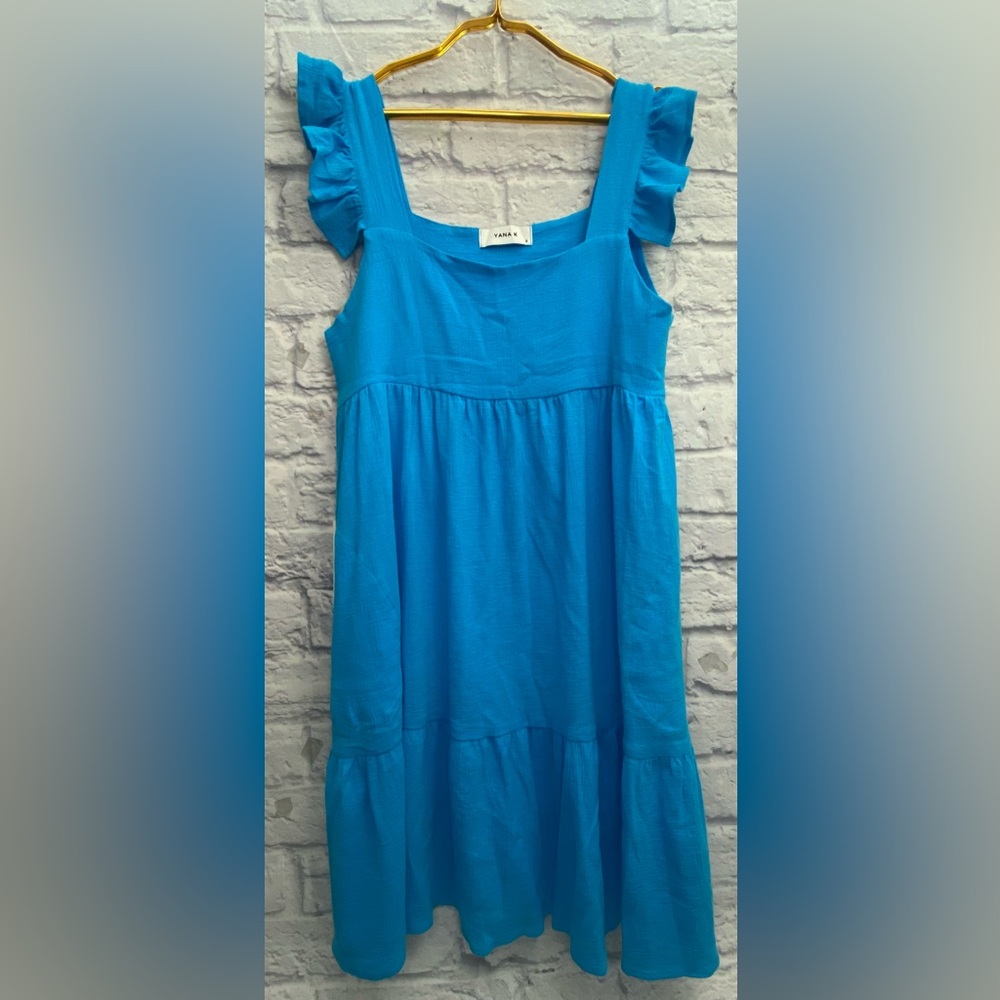 NWT Yana K Vienna Mini Dress Turquoise Cotton SMALL Pockets Beach Short Sleeve